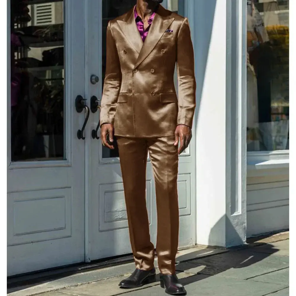 Fashionable Men Suits Satin 2 Piece Jacket Pants Sets High Quality Prom Party Blazer Double Breasted Peak Lapel Male Clothing