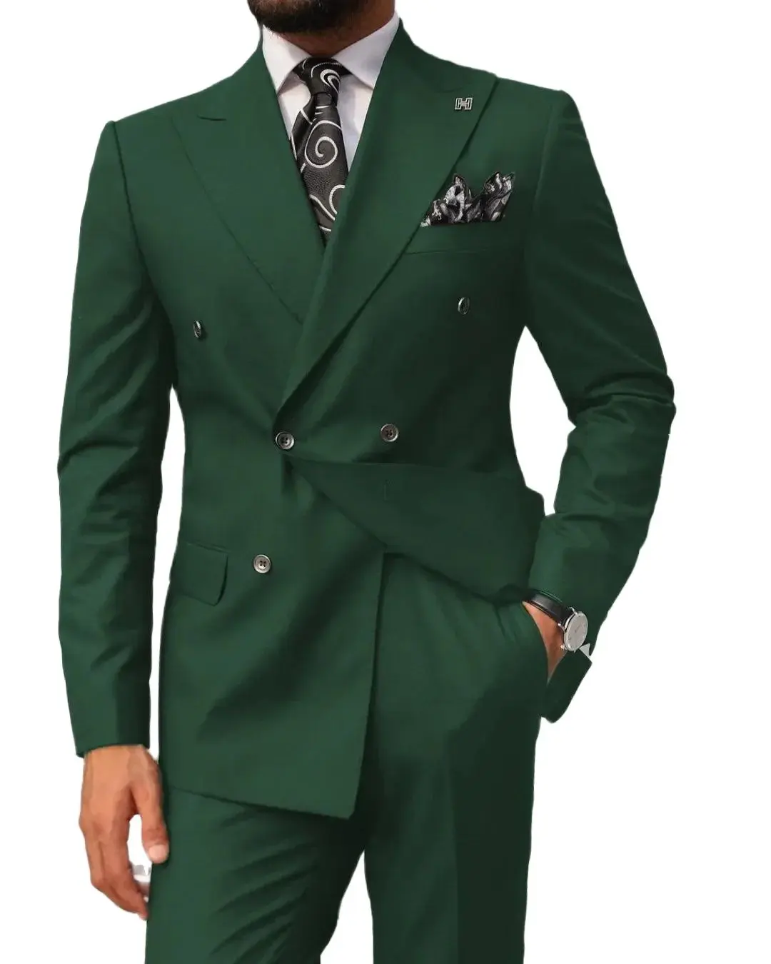 Solid Color Men Tuxedo High-end Peaked Lapel Double Breasted Slim Suit 2 Pieces Blazer and Pants
