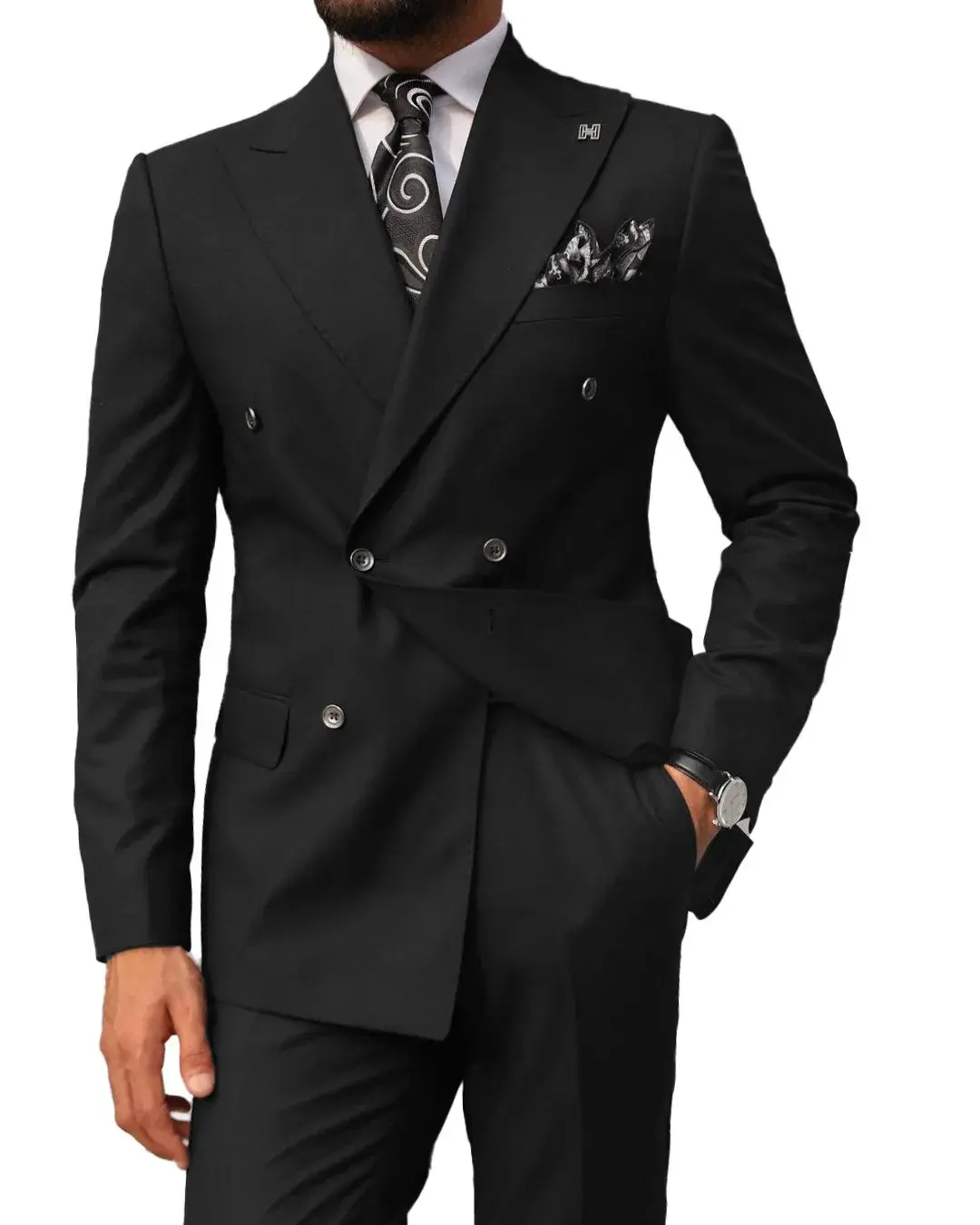 Solid Color Men Tuxedo High-end Peaked Lapel Double Breasted Slim Suit 2 Pieces Blazer and Pants