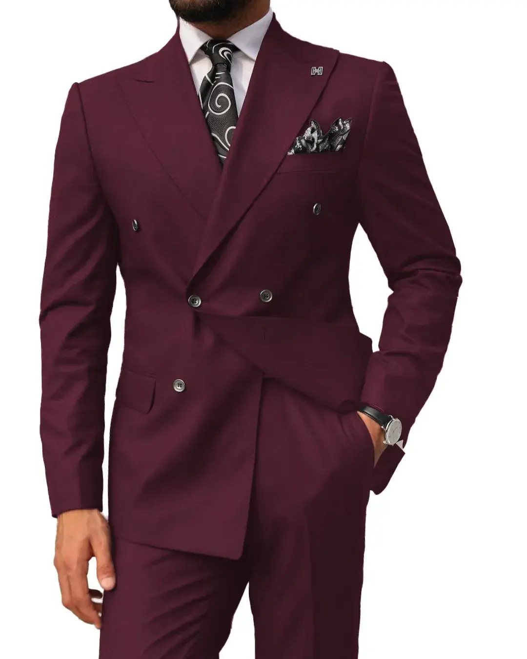 Solid Color Men Tuxedo High-end Peaked Lapel Double Breasted Slim Suit 2 Pieces Blazer and Pants