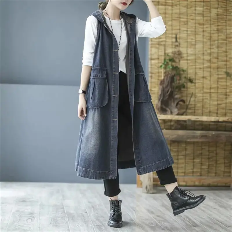 Denim Vest Women New 2024 Autumn Korean Mid-length Hooded Button Loose Vintage Waistcoats Female Sleeveless Jeans Vest Women