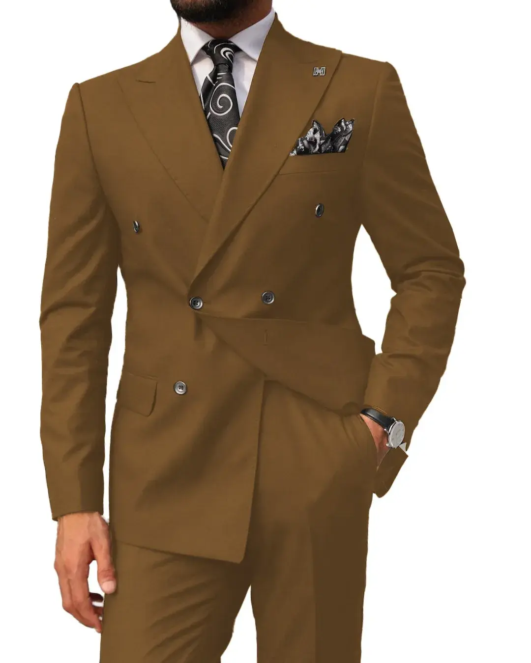 Solid Color Men Tuxedo High-end Peaked Lapel Double Breasted Slim Suit 2 Pieces Blazer and Pants