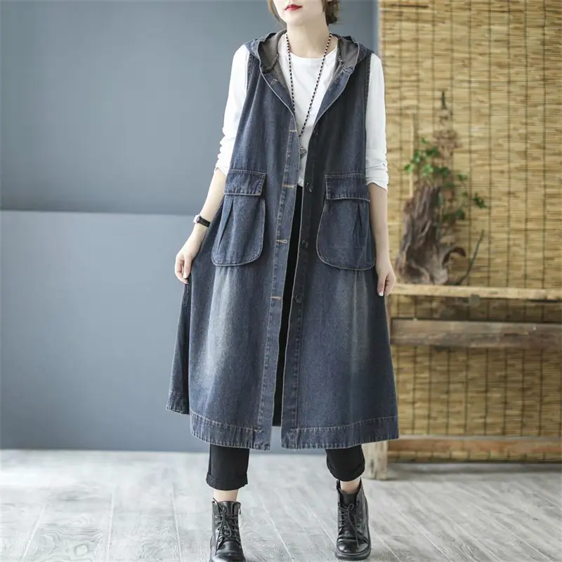 Denim Vest Women New 2024 Autumn Korean Mid-length Hooded Button Loose Vintage Waistcoats Female Sleeveless Jeans Vest Women