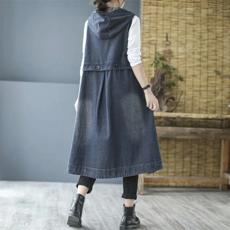 Denim Vest Women New 2024 Autumn Korean Mid-length Hooded Button Loose Vintage Waistcoats Female Sleeveless Jeans Vest Women