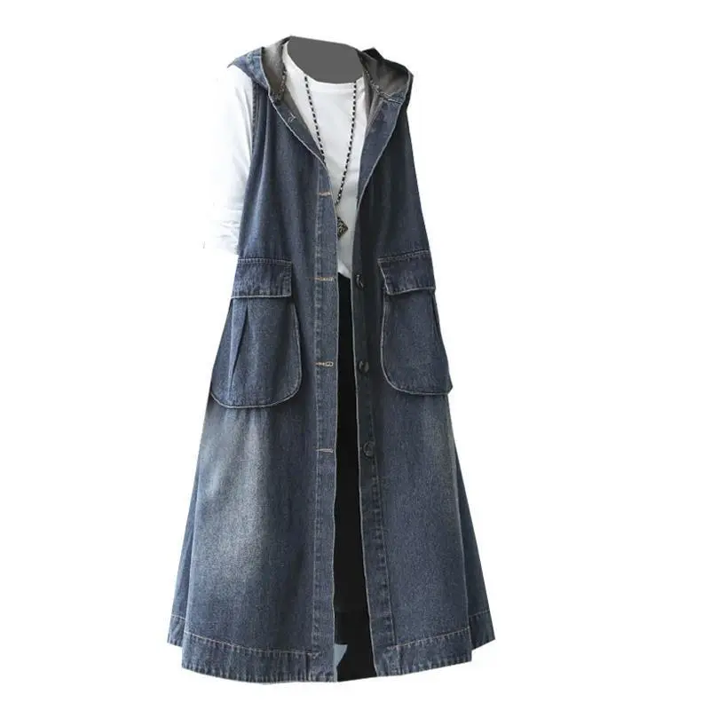 Denim Vest Women New 2024 Autumn Korean Mid-length Hooded Button Loose Vintage Waistcoats Female Sleeveless Jeans Vest Women