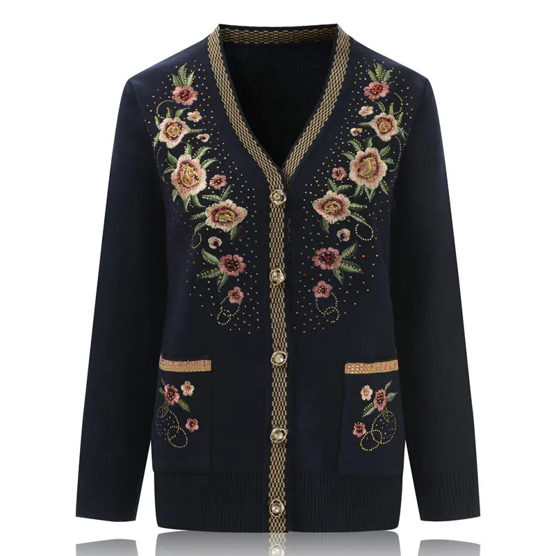 Middle-aged Elderly Women Sweater Cardigan Coat New Autumn  Winter Jacket Long-sleeved Embroidery knitt Sweater Female Tops R616