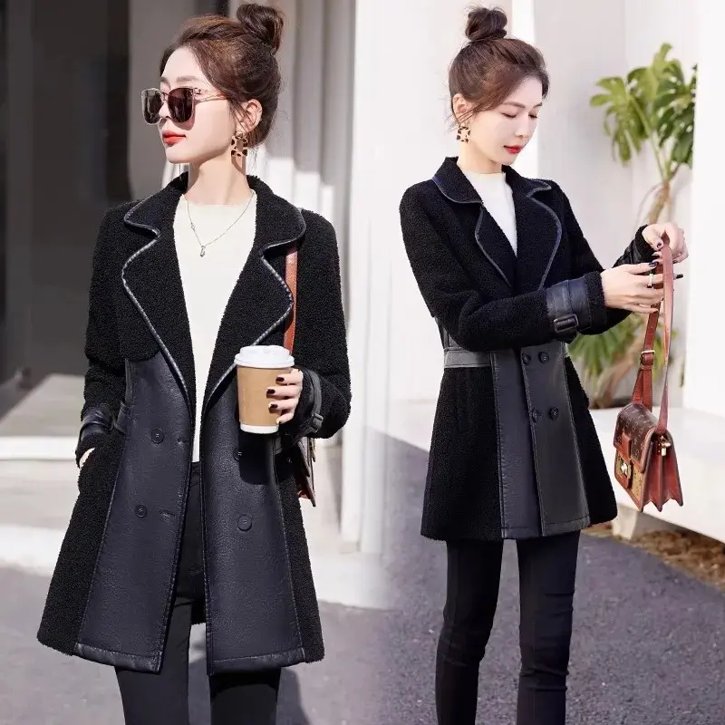 New Winter Splicing Imitate Fur Lamb Jacket Women Fashion Double-Breasted Coat Female Overcoat Thicken warm Outerwear Ladies Top