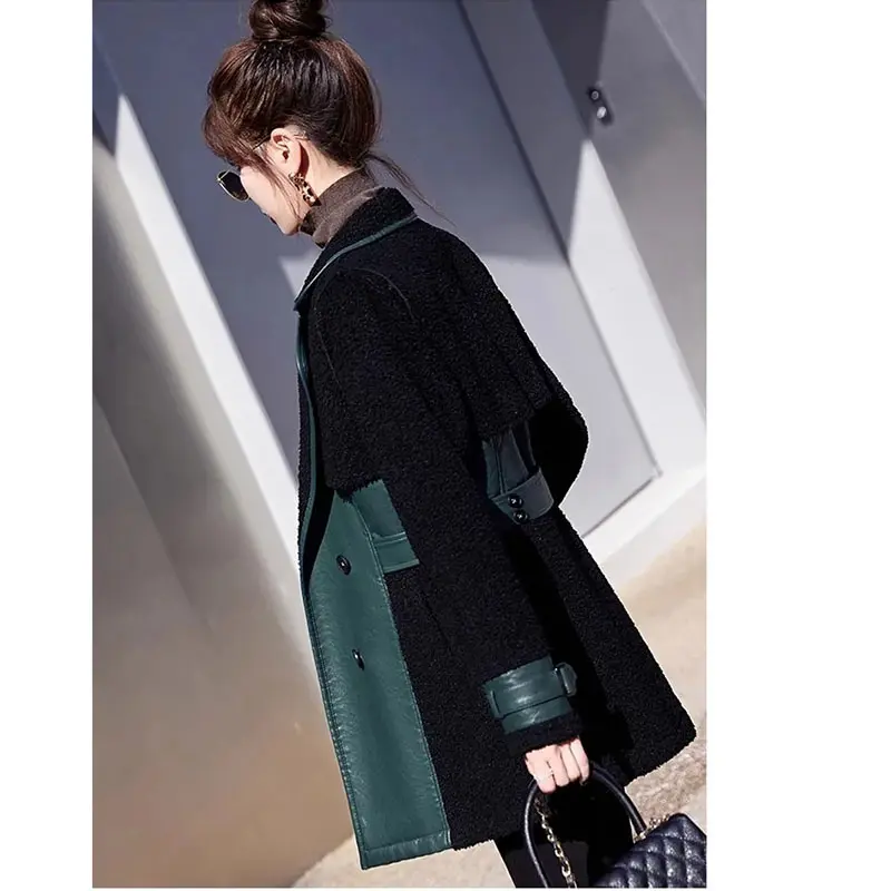 New Winter Splicing Imitate Fur Lamb Jacket Women Fashion Double-Breasted Coat Female Overcoat Thicken warm Outerwear Ladies Top