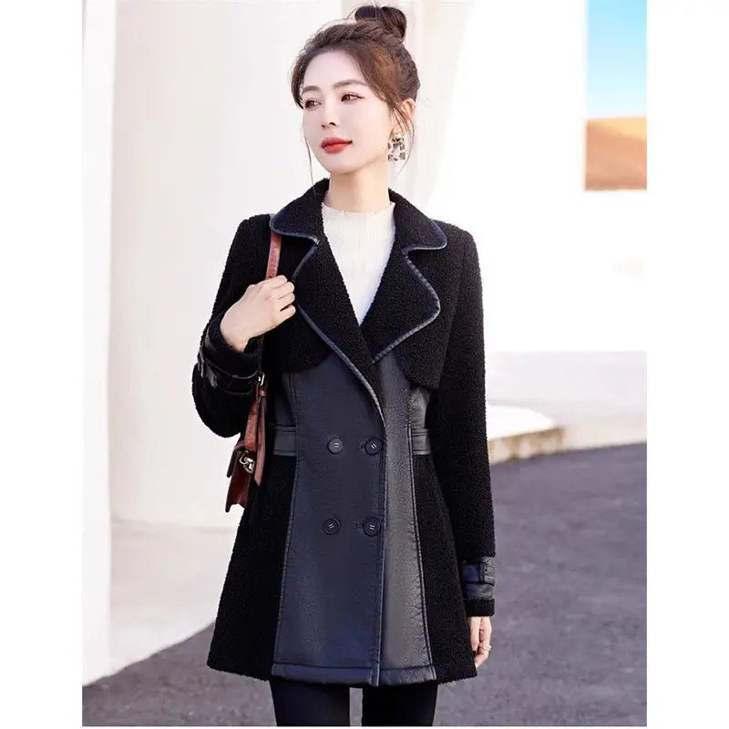New Winter Splicing Imitate Fur Lamb Jacket Women Fashion Double-Breasted Coat Female Overcoat Thicken warm Outerwear Ladies Top