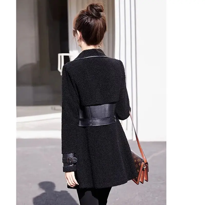New Winter Splicing Imitate Fur Lamb Jacket Women Fashion Double-Breasted Coat Female Overcoat Thicken warm Outerwear Ladies Top
