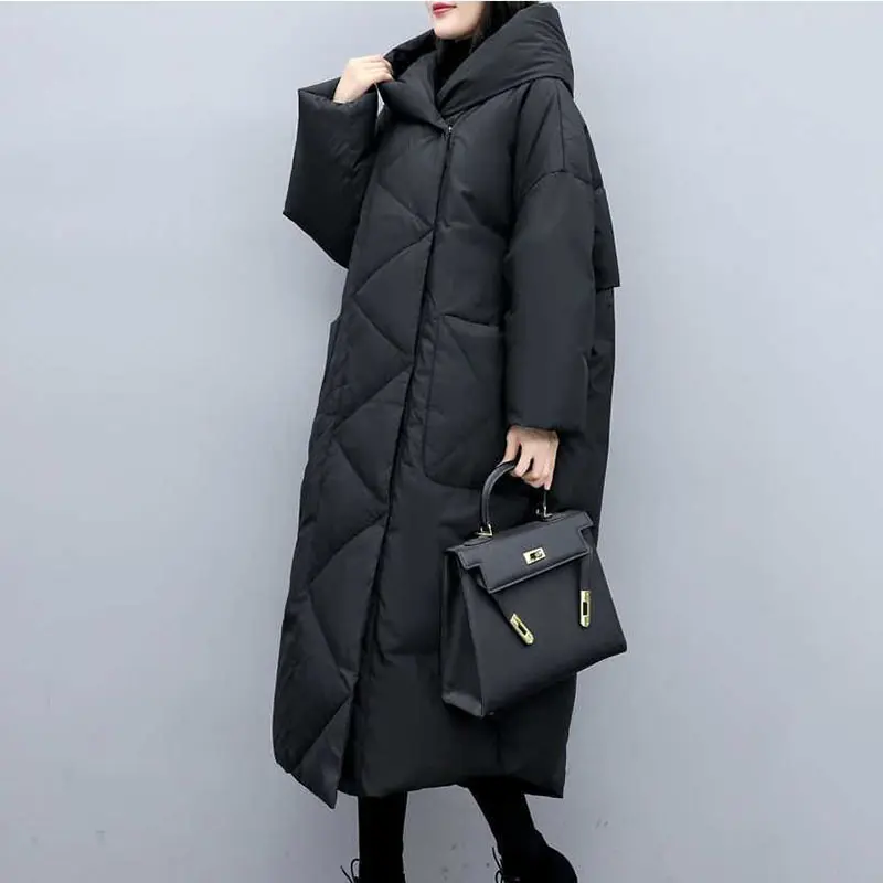 2025Winter New High quality Over-Knee Down Cotton Padded Jacket Women Hooded Coat Female Slim Thicken Warm Solid Ladies Overcoat