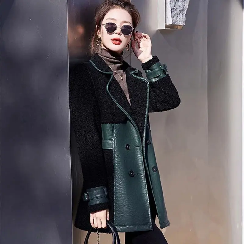 New Winter Splicing Imitate Fur Lamb Jacket Women Fashion Double-Breasted Coat Female Overcoat Thicken warm Outerwear Ladies Top