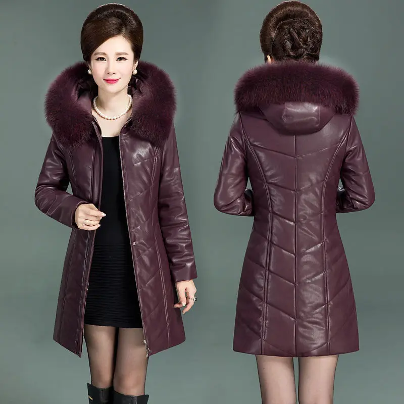 PU Leather Jacket Winter Women Coat Zipper Fur Collar Thicken Cotton Warm Hooded Coat Pu Leather Middle-aged Women Parkas R1636