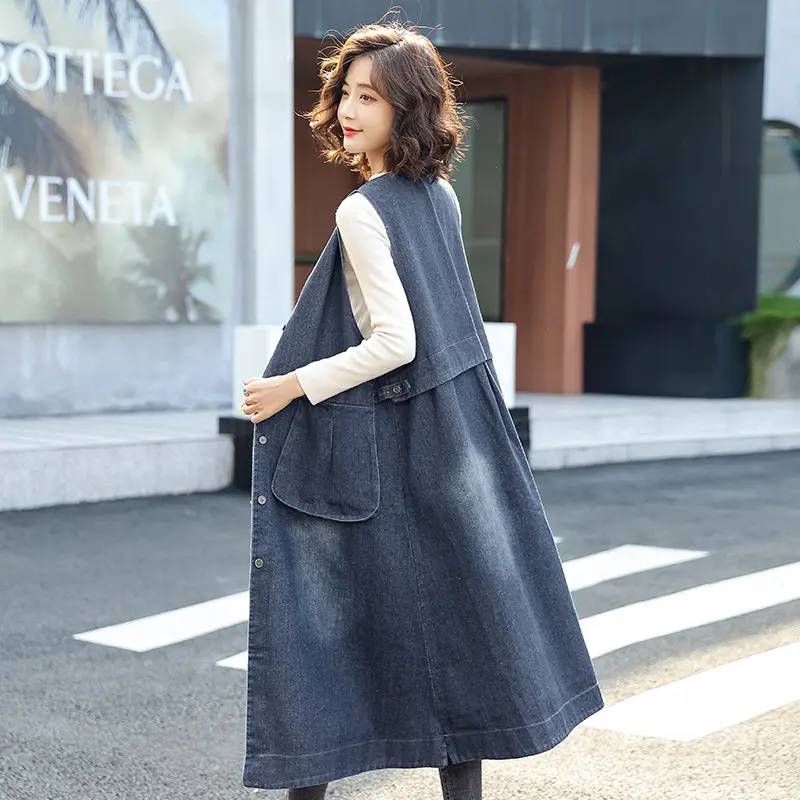 Denim Vest Jacket Women Fashion New 2023 Spring Autumn Long Jeans Waistcoat Seeveless Coat Female Casual Cowboy Overcoat Ladies