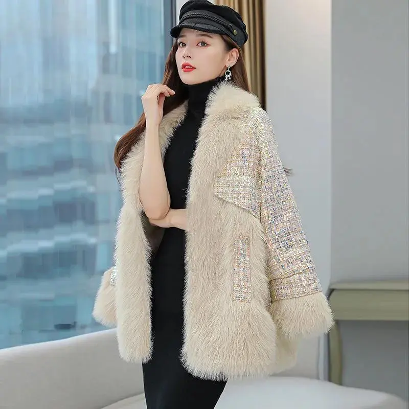 2025 Fashion Imitation Fur Jacket Women Winter Blended Wool Female Coat Mid Long Long Sleeves Loose Sheepskin Female Coats