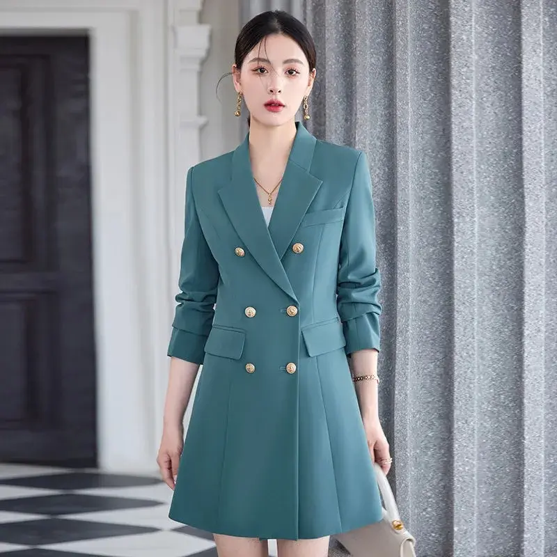 Spring Autumn Mid-Long Suits Jacket Women 2025New Suit Collar Coat Fashion Double-Breasted Outerwear Loose Elegant Blazer Female