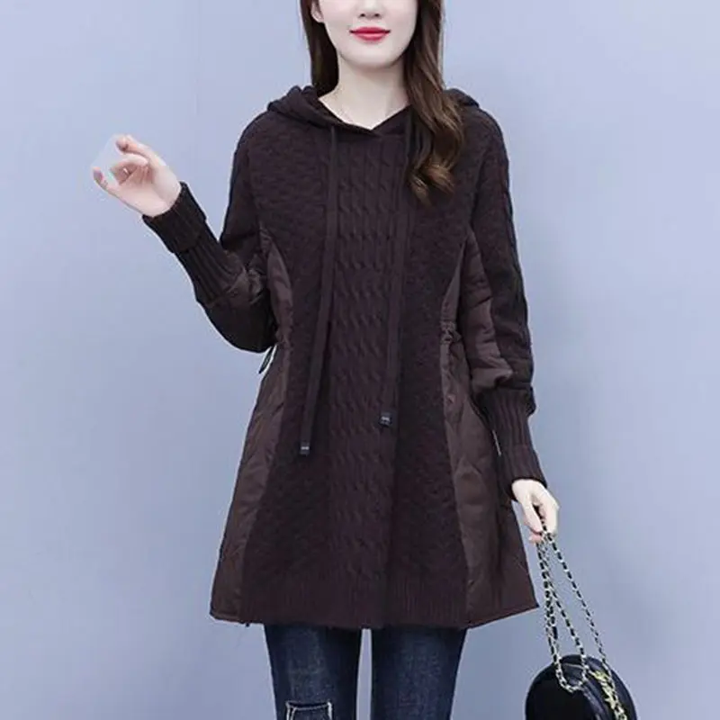 2025New Autumn Winter Splicing Sweater Women Jacket Long Sleeves Hooded Loose knitted Sweater Coat Female Thicken Warm Outerwear