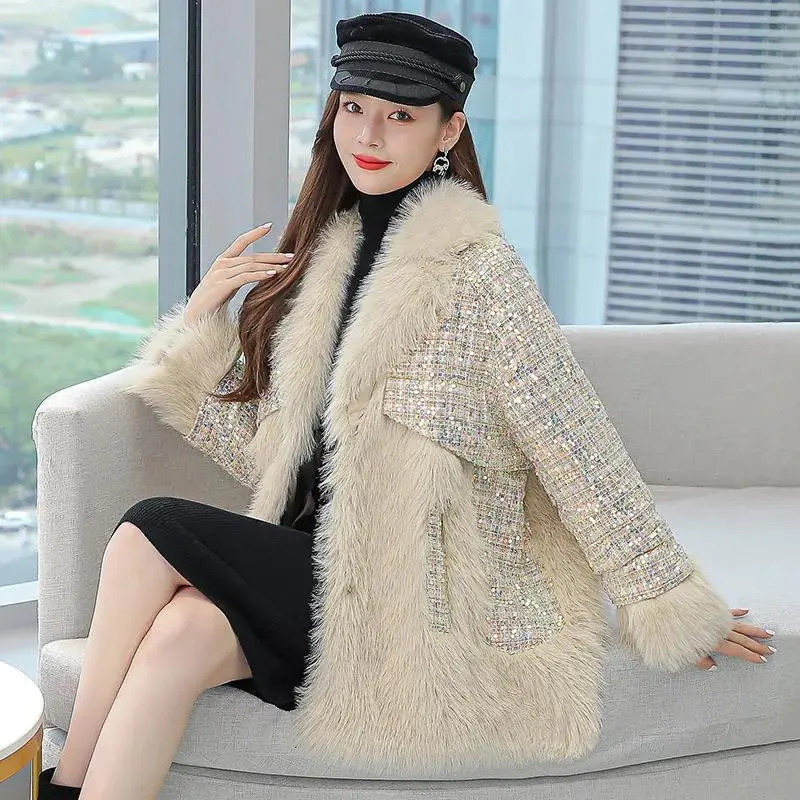 2025 Fashion Imitation Fur Jacket Women Winter Blended Wool Female Coat Mid Long Long Sleeves Loose Sheepskin Female Coats