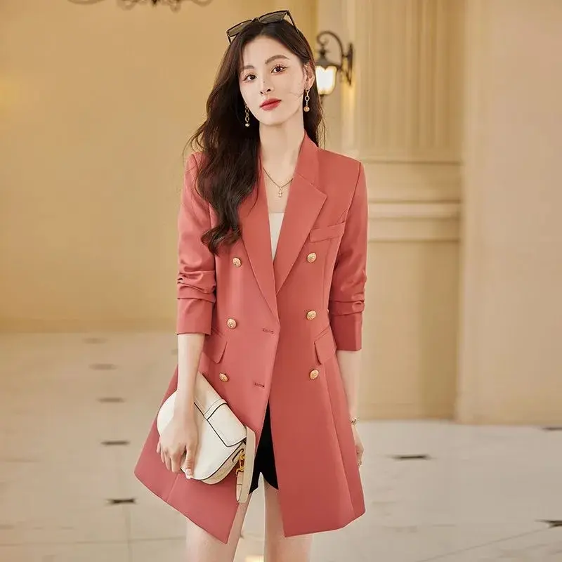 Spring Autumn Mid-Long Suits Jacket Women 2025New Suit Collar Coat Fashion Double-Breasted Outerwear Loose Elegant Blazer Female