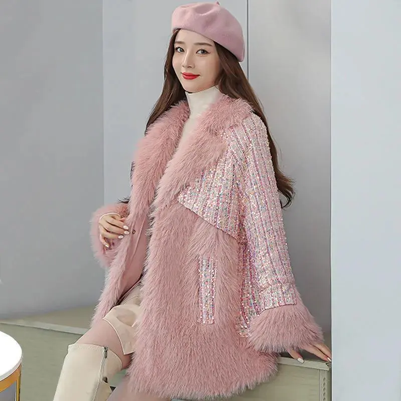 2025 Fashion Imitation Fur Jacket Women Winter Blended Wool Female Coat Mid Long Long Sleeves Loose Sheepskin Female Coats