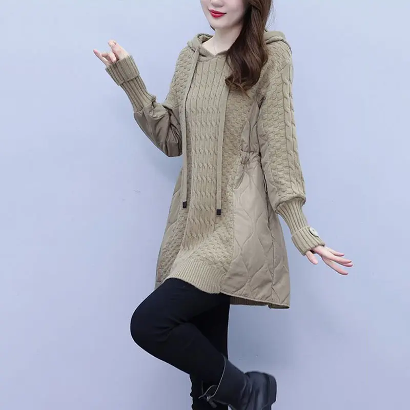 2025New Autumn Winter Splicing Sweater Women Jacket Long Sleeves Hooded Loose knitted Sweater Coat Female Thicken Warm Outerwear