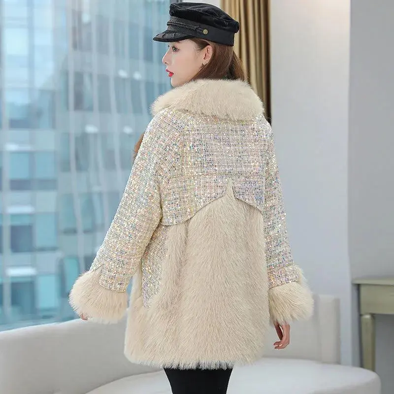 2025 Fashion Imitation Fur Jacket Women Winter Blended Wool Female Coat Mid Long Long Sleeves Loose Sheepskin Female Coats