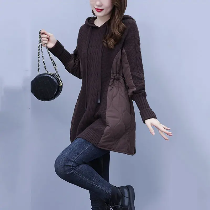 2025New Autumn Winter Splicing Sweater Women Jacket Long Sleeves Hooded Loose knitted Sweater Coat Female Thicken Warm Outerwear