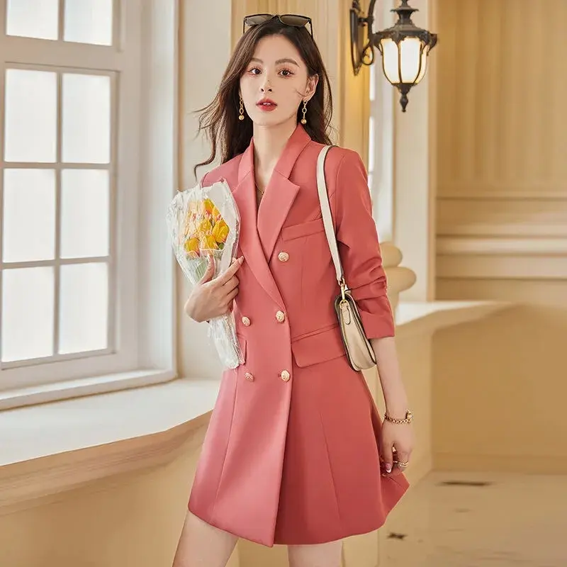 Spring Autumn Mid-Long Suits Jacket Women 2025New Suit Collar Coat Fashion Double-Breasted Outerwear Loose Elegant Blazer Female