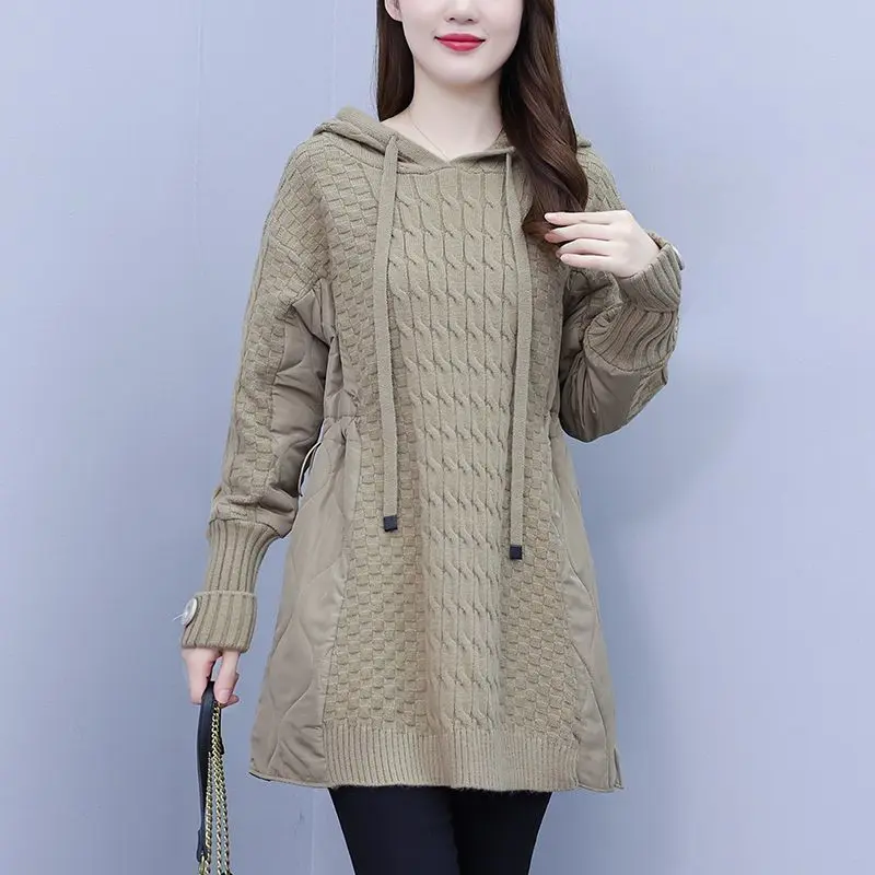 2025New Autumn Winter Splicing Sweater Women Jacket Long Sleeves Hooded Loose knitted Sweater Coat Female Thicken Warm Outerwear