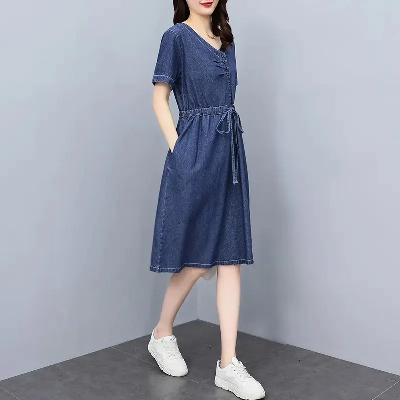 Denim Dress Women's 2024 New Summer Korean Casual Short Sleeve Mid Long Jean Dress Lady Retro Waist Cowboy Dress Ladies Vestidos
