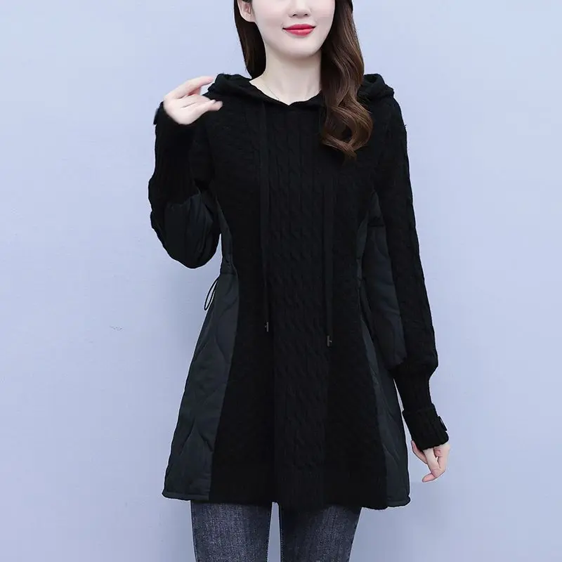 2025New Autumn Winter Splicing Sweater Women Jacket Long Sleeves Hooded Loose knitted Sweater Coat Female Thicken Warm Outerwear