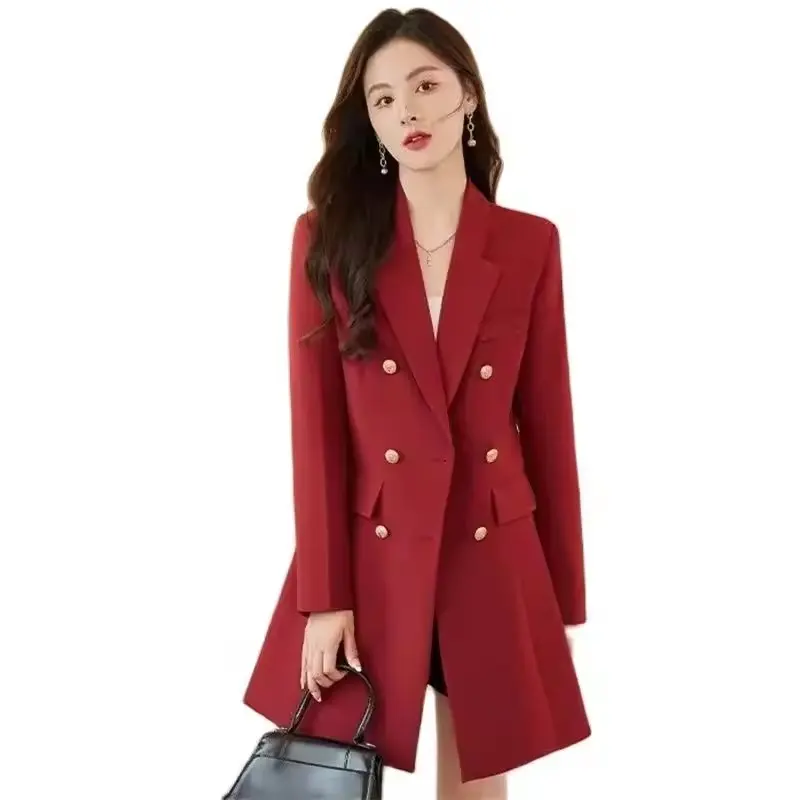 Spring Autumn Mid-Long Suits Jacket Women 2025New Suit Collar Coat Fashion Double-Breasted Outerwear Loose Elegant Blazer Female