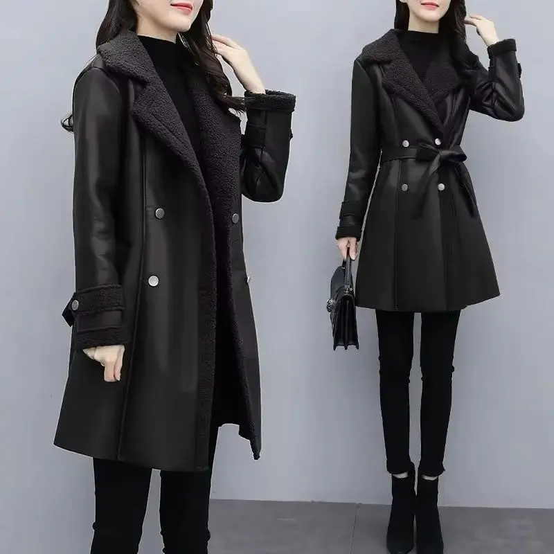 2025 New Autumn Winter Jacket Women Fur One PU Leather Coat Female Loose Frenulum Outwear With Thicken Warm Overcoat Ladies Tops