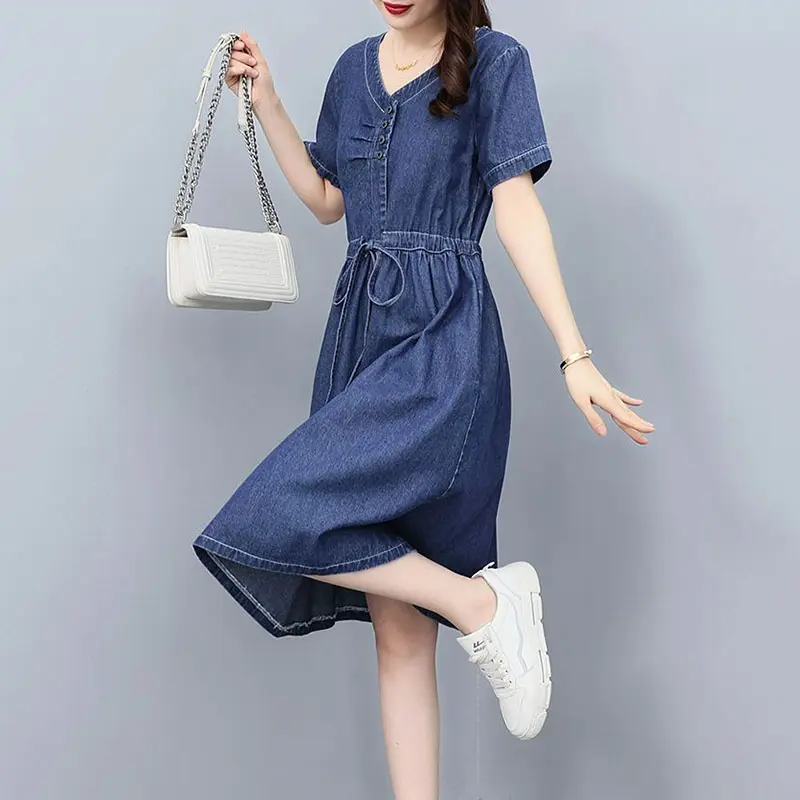 Denim Dress Women's 2024 New Summer Korean Casual Short Sleeve Mid Long Jean Dress Lady Retro Waist Cowboy Dress Ladies Vestidos