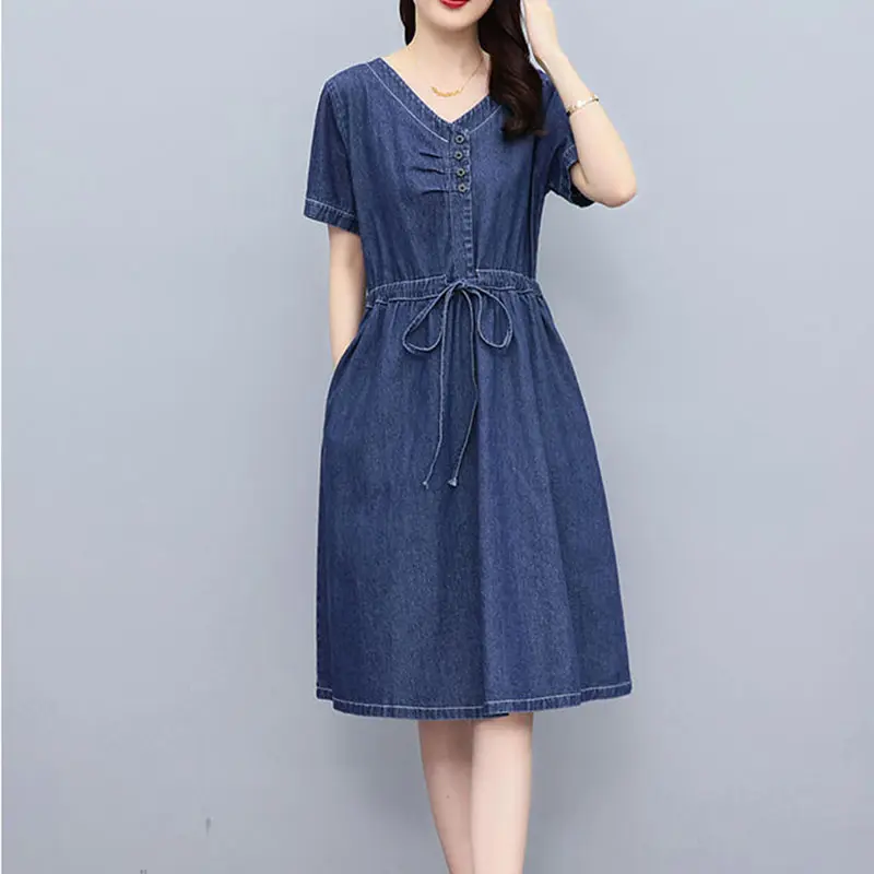 Denim Dress Women's 2024 New Summer Korean Casual Short Sleeve Mid Long Jean Dress Lady Retro Waist Cowboy Dress Ladies Vestidos