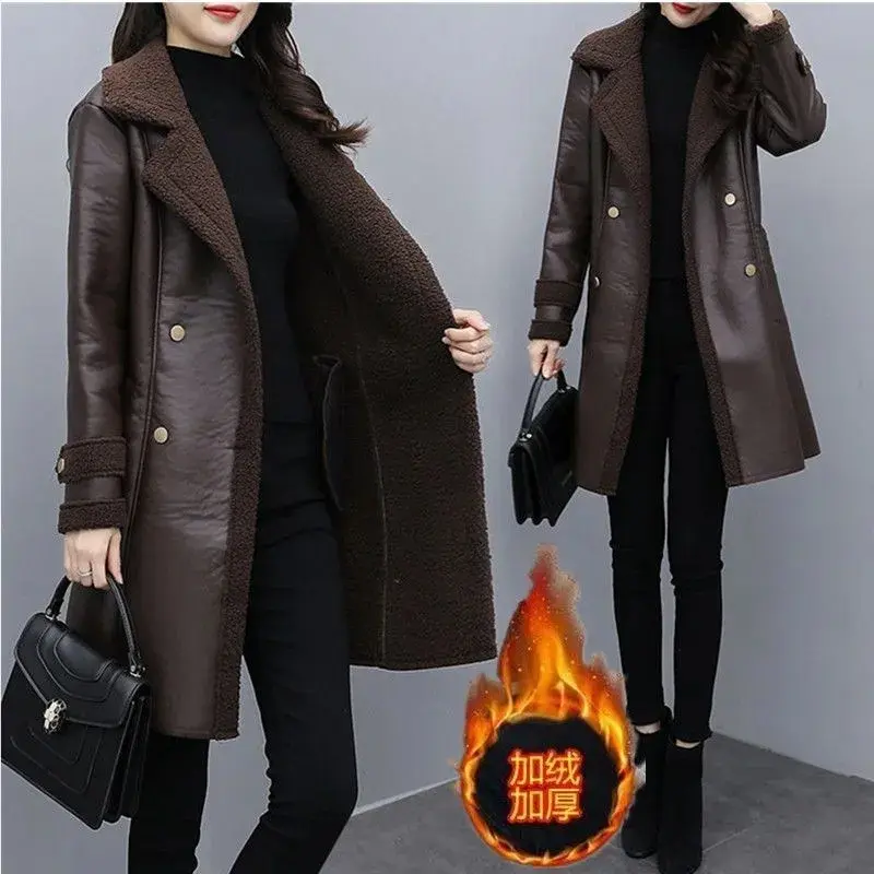 2025 New Autumn Winter Jacket Women Fur One PU Leather Coat Female Loose Frenulum Outwear With Thicken Warm Overcoat Ladies Tops