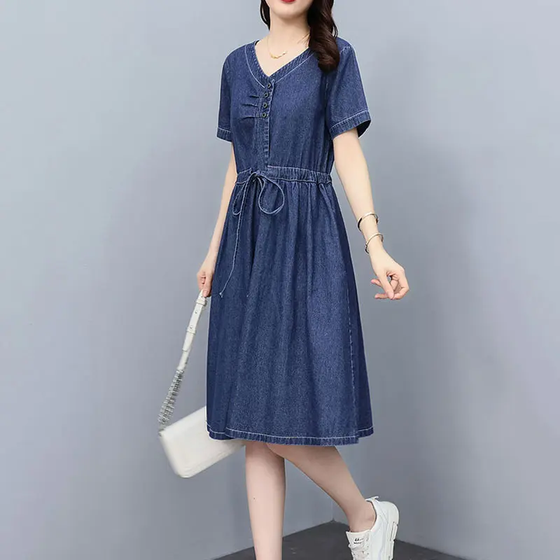 Denim Dress Women's 2024 New Summer Korean Casual Short Sleeve Mid Long Jean Dress Lady Retro Waist Cowboy Dress Ladies Vestidos
