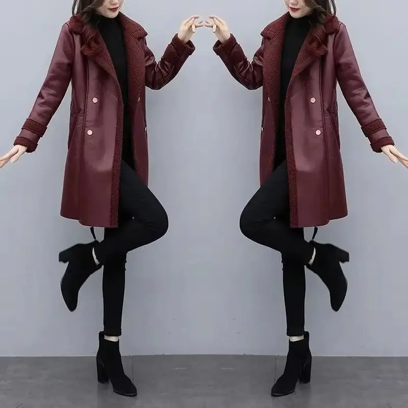 2025 New Autumn Winter Jacket Women Fur One PU Leather Coat Female Loose Frenulum Outwear With Thicken Warm Overcoat Ladies Tops