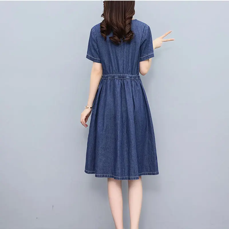 Denim Dress Women's 2024 New Summer Korean Casual Short Sleeve Mid Long Jean Dress Lady Retro Waist Cowboy Dress Ladies Vestidos
