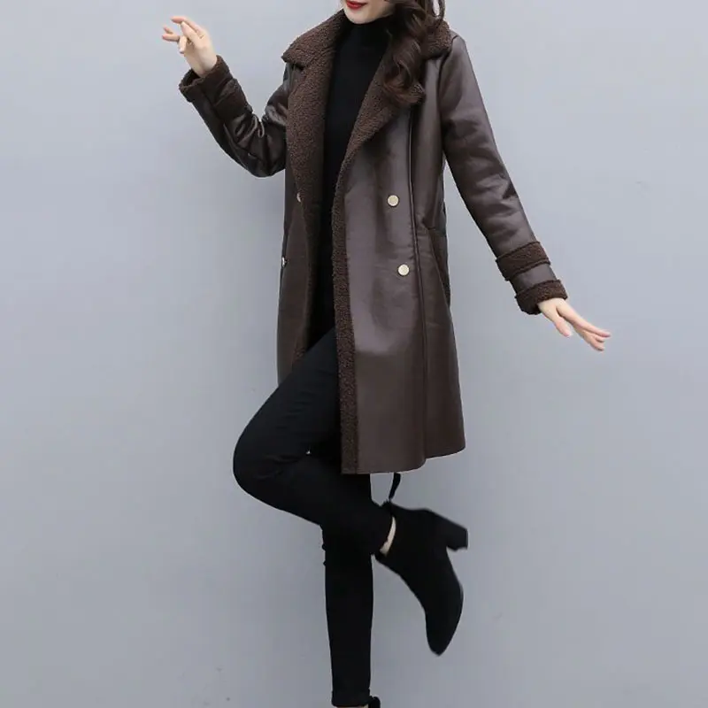 2025 New Autumn Winter Jacket Women Fur One PU Leather Coat Female Loose Frenulum Outwear With Thicken Warm Overcoat Ladies Tops
