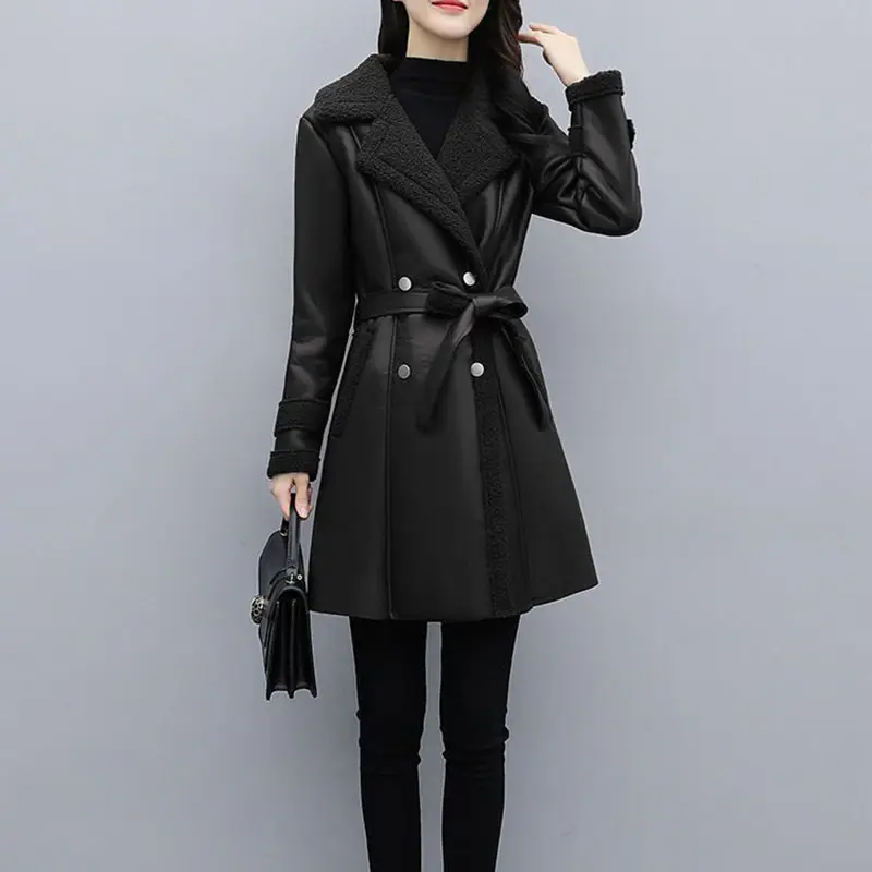2025 New Autumn Winter Jacket Women Fur One PU Leather Coat Female Loose Frenulum Outwear With Thicken Warm Overcoat Ladies Tops