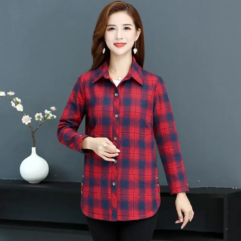 New 2024 Autumn Winter Plaid Shirt Women's Shirts Long Sleeve Single-breasted Velvet Thick Warm Women Blouse Jackets Female Tops