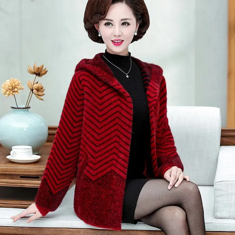 Middle Aged Elderly Mother Imitation Mink Velvet Coat Women Autumn Winter Hooded Knit Cardigan Female Thick Warm Jacket 5XL