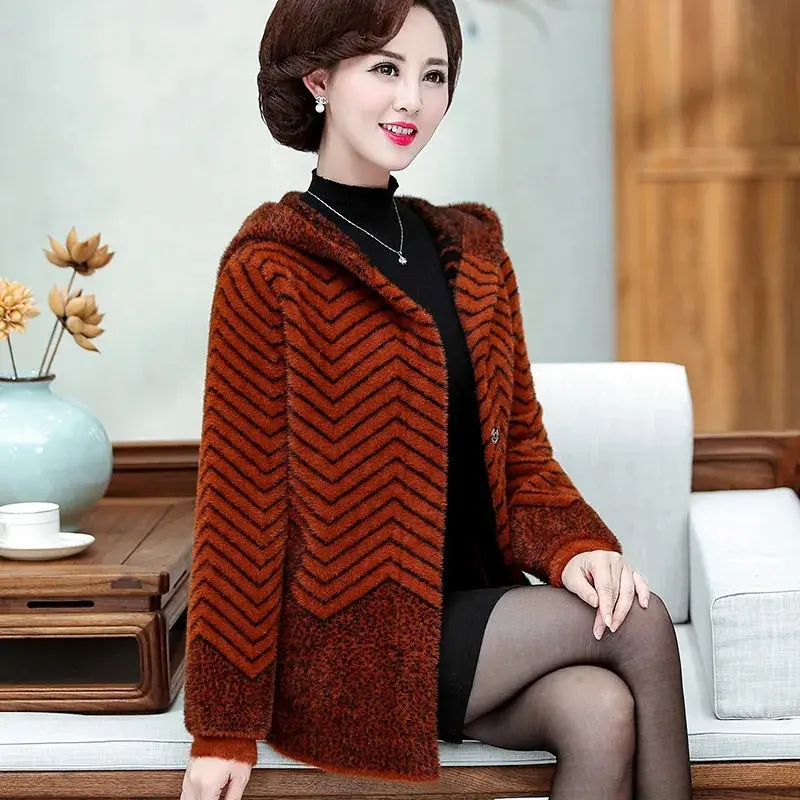 Middle Aged Elderly Mother Imitation Mink Velvet Coat Women Autumn Winter Hooded Knit Cardigan Female Thick Warm Jacket 5XL