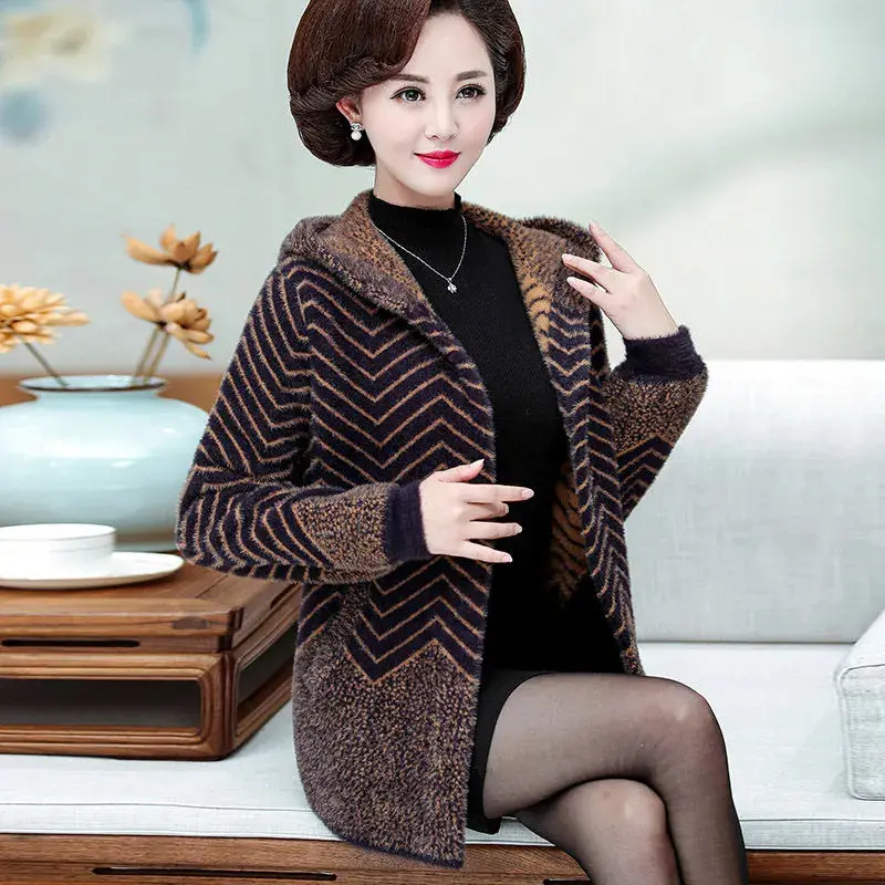 Middle Aged Elderly Mother Imitation Mink Velvet Coat Women Autumn Winter Hooded Knit Cardigan Female Thick Warm Jacket 5XL