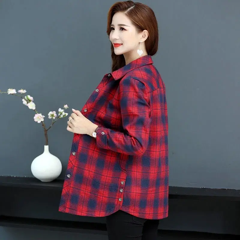 New 2024 Autumn Winter Plaid Shirt Women's Shirts Long Sleeve Single-breasted Velvet Thick Warm Women Blouse Jackets Female Tops