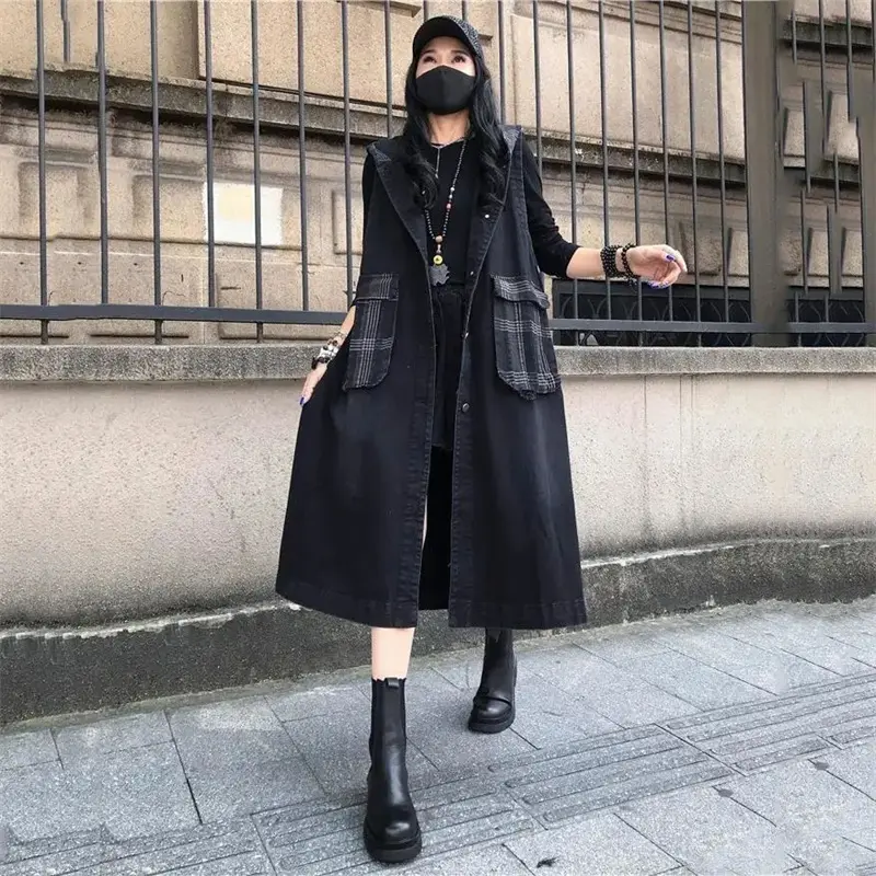 Denim Vest Women New 2025 Spring Autumn Mid-length Hooded stitching Retro Washed Sleeveless Jeans Vest Women Waistcoats Tops