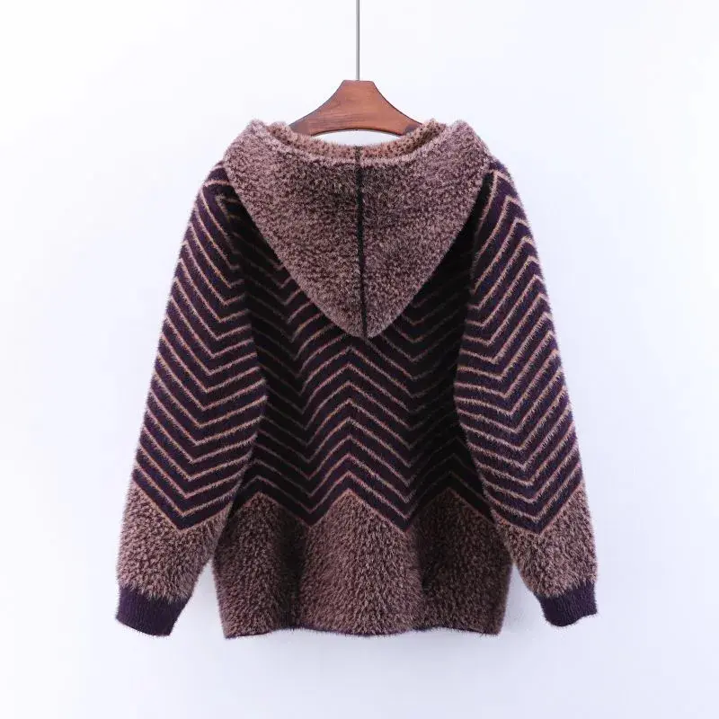 Middle Aged Elderly Mother Imitation Mink Velvet Coat Women Autumn Winter Hooded Knit Cardigan Female Thick Warm Jacket 5XL