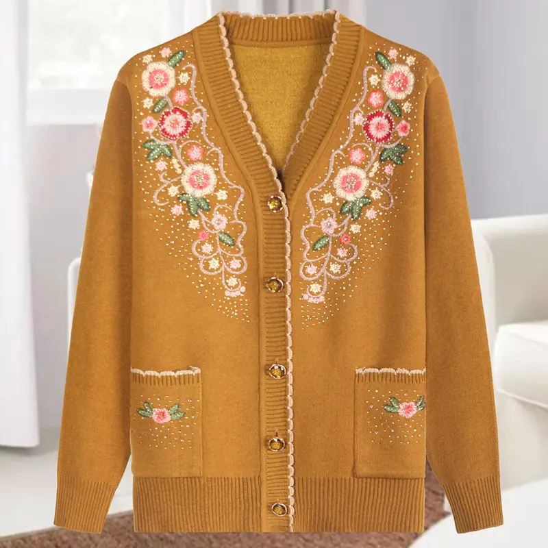 2025 Autumn Middle-aged And elderly Women's Sweater Cardigan Jackets New Casual V-neck Long Sleeve Coats Female Knitted Sweater
