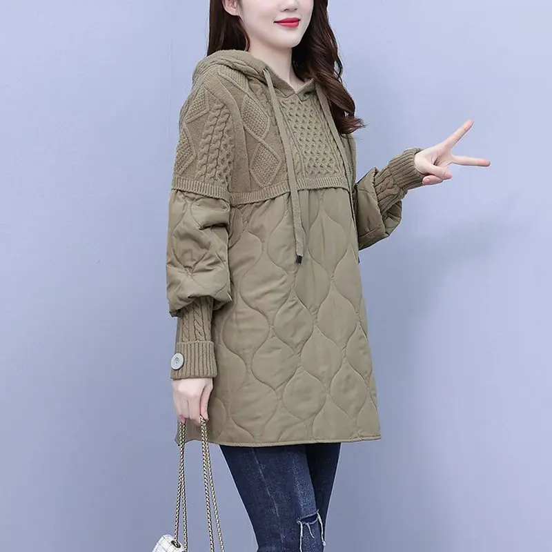 2025New Autumn Winter Splicing Sweater Women Jacket Long Sleeves Hooded Loose knitted Sweater Coat Female Thicken Warm Outerwear